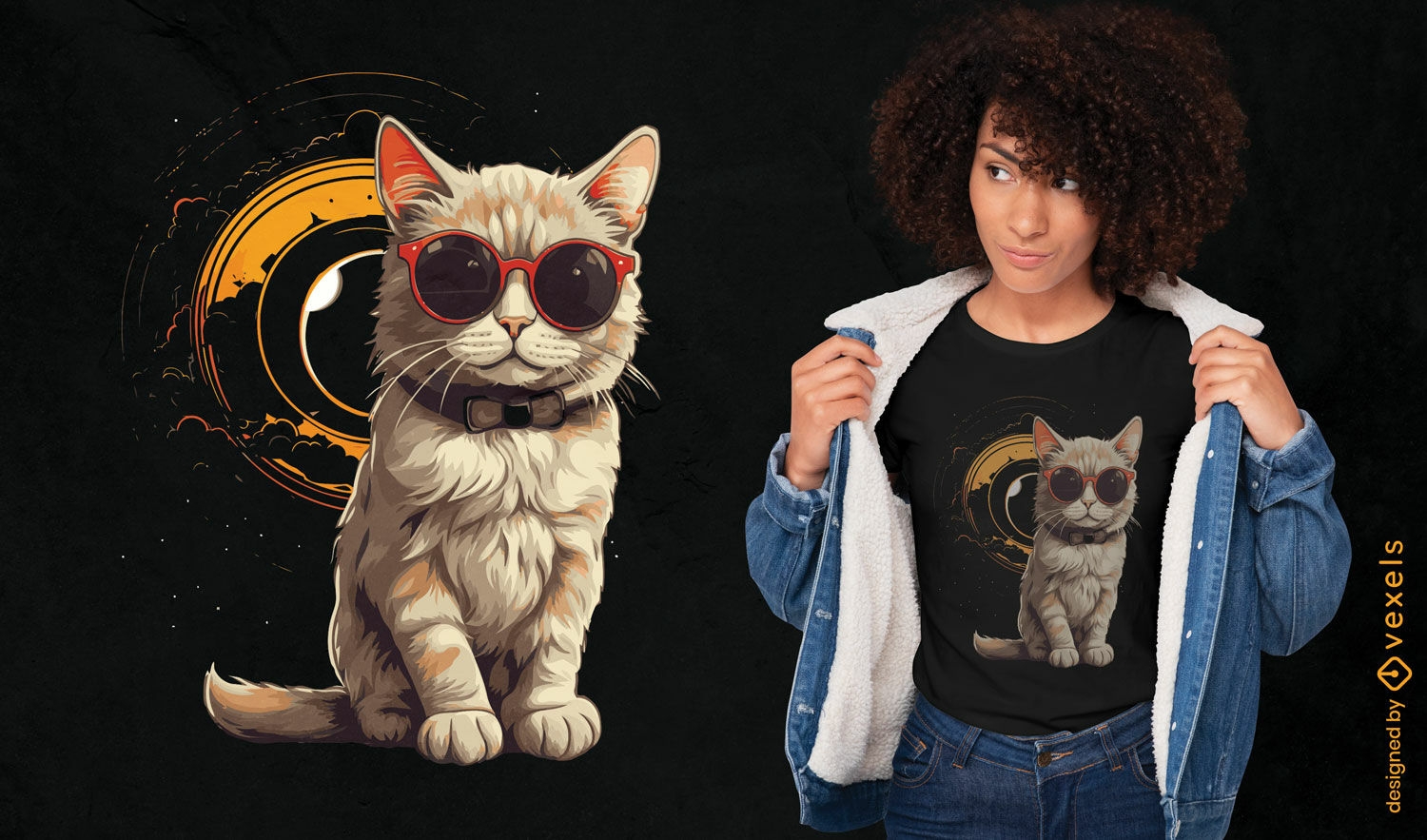 Diseño de camiseta de eclipse de gato astronómico.
