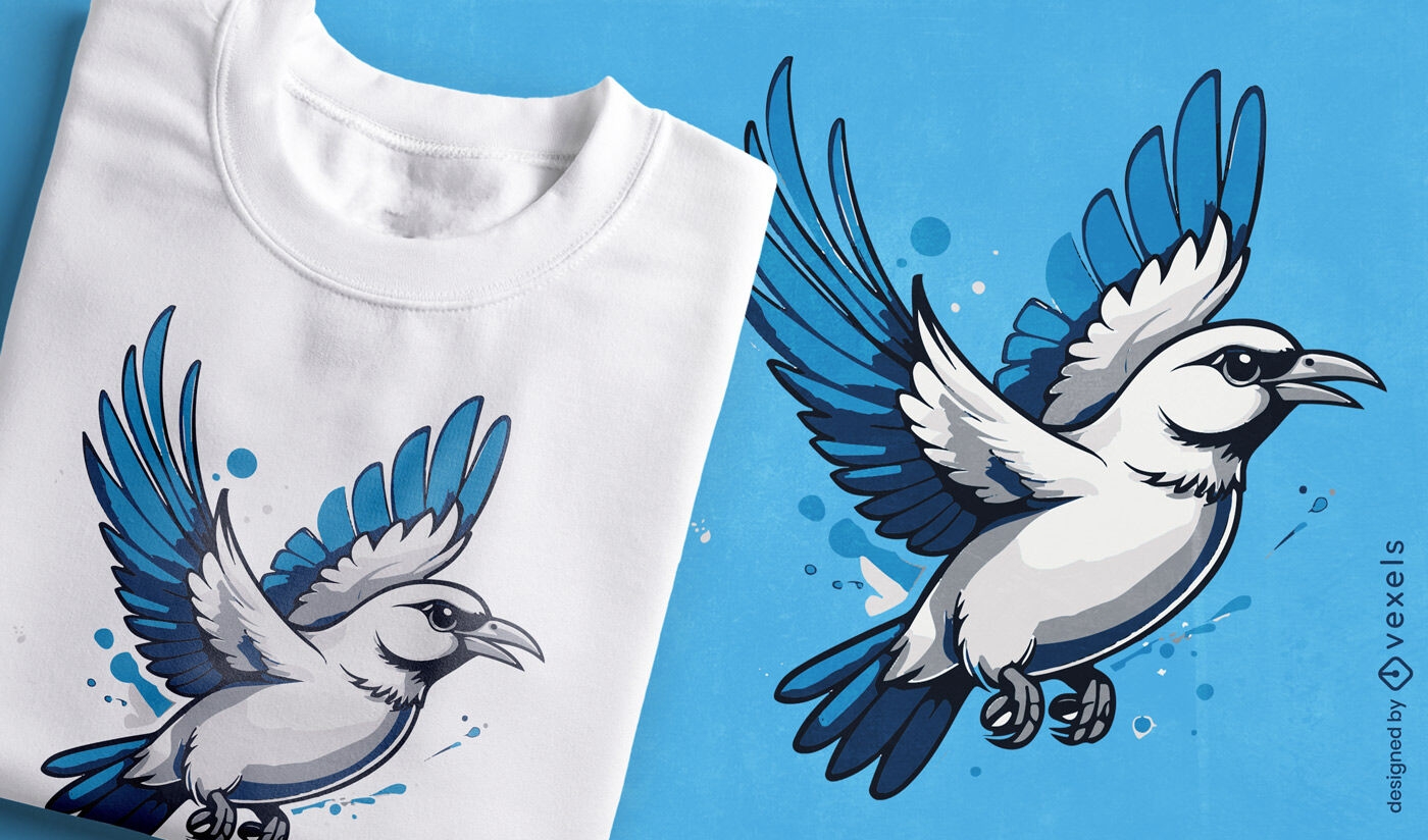 Design dinâmico de camiseta com pássaro azul e branco