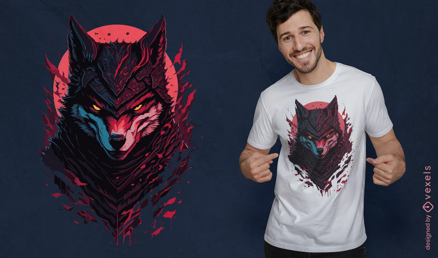 Diseño de camiseta de lobo samurai.