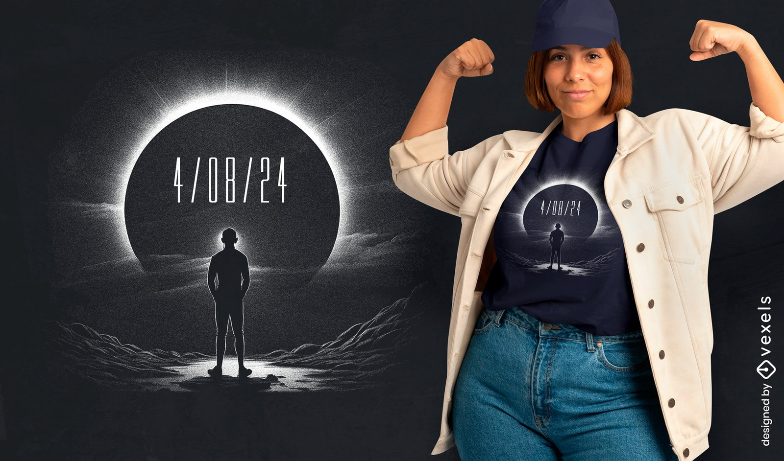 Hombre mirando un diseño de camiseta de eclipse solar.