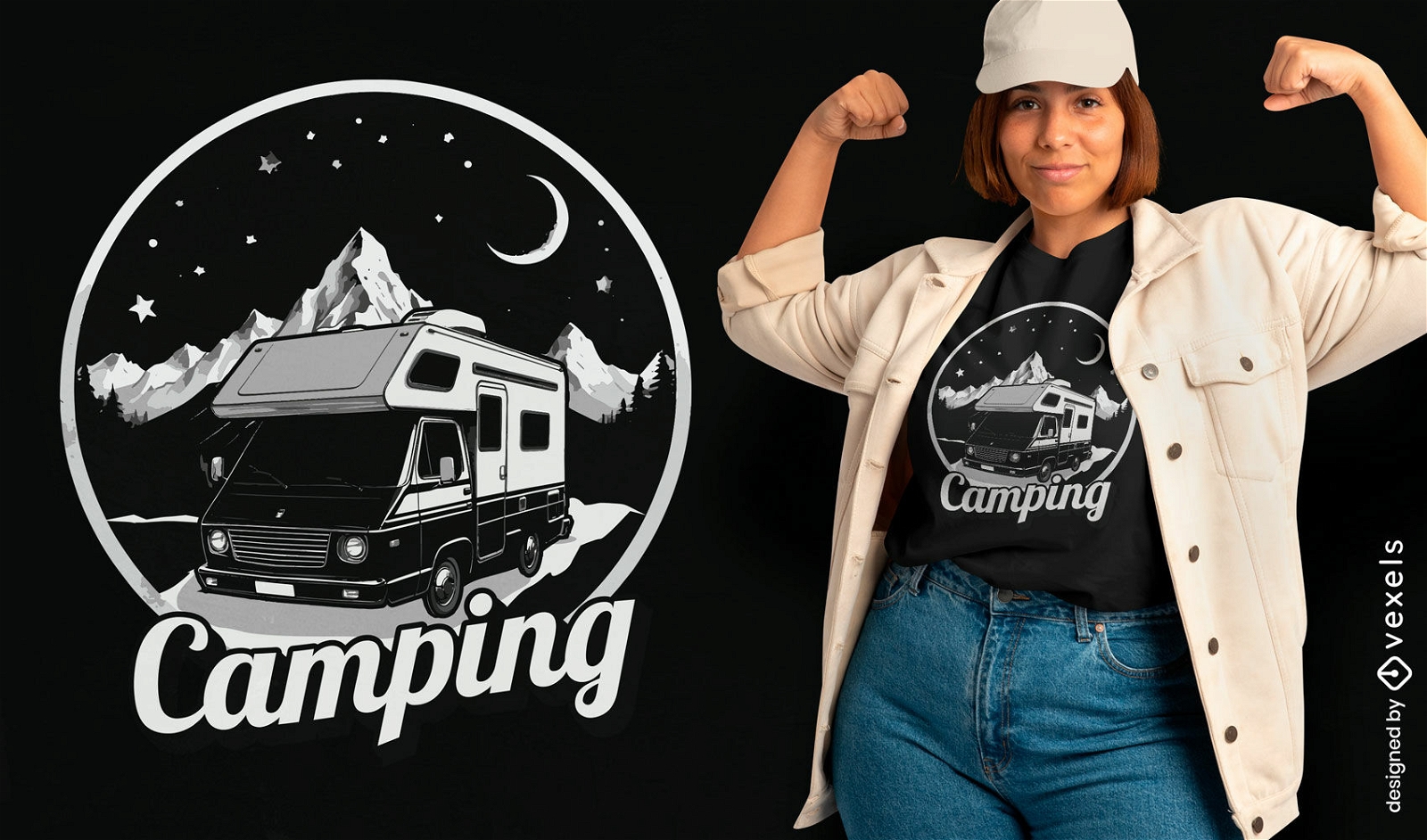 Diseño de camiseta de camping en furgoneta monocromática.