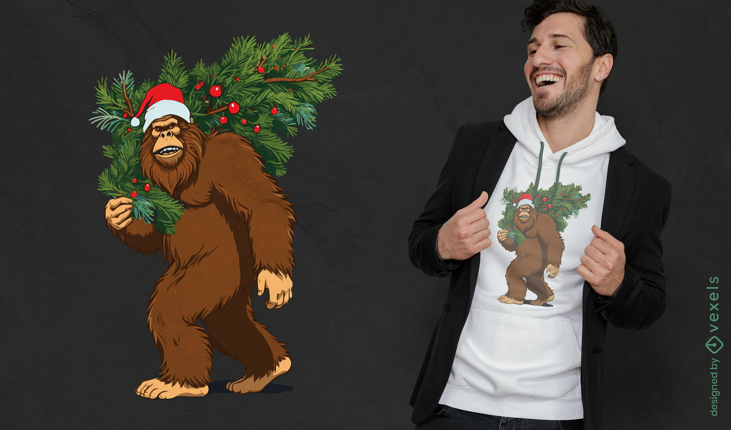 Diseño de camiseta navideña con temática de Bigfoot.