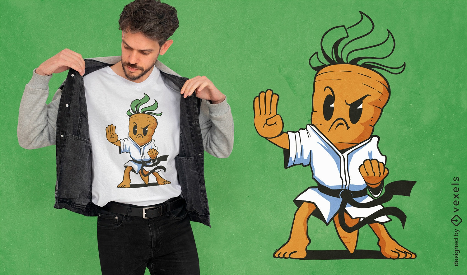 Diseño de camiseta cómica de zanahoria de karate.