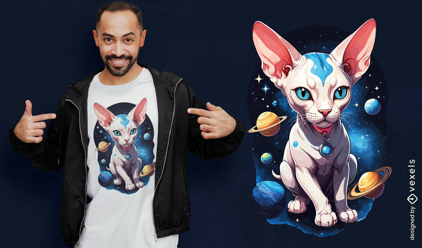 Diseño de camiseta de gato sphynx cósmico.