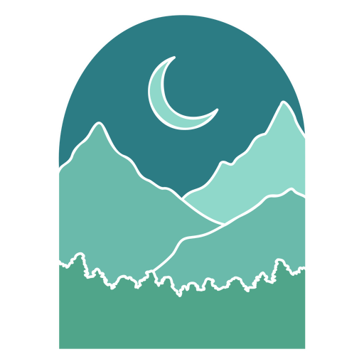 Paisaje de montaña con luna y árboles. Diseño PNG