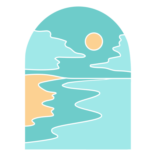 Illustration of a beach scene with a sun and waves PNG Design