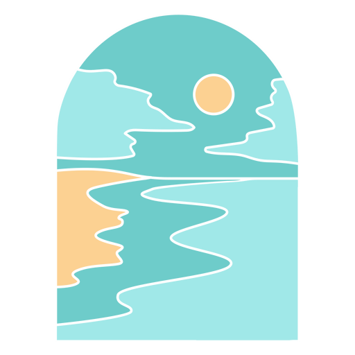 Ilustração de uma cena de praia com sol e ondas Desenho PNG