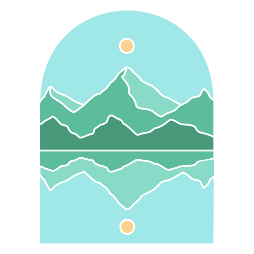 Montaña y lago con un sol en el medio. Diseño PNG