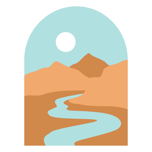 Cenário desértico estilizado com ilustração de rio e sol Desenho PNG