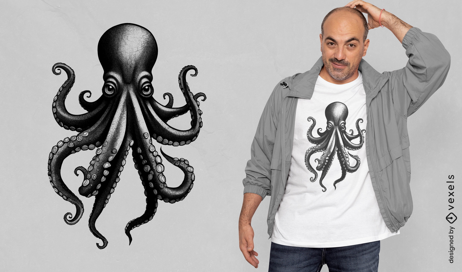 Diseño de camiseta de pulpo monocromo.