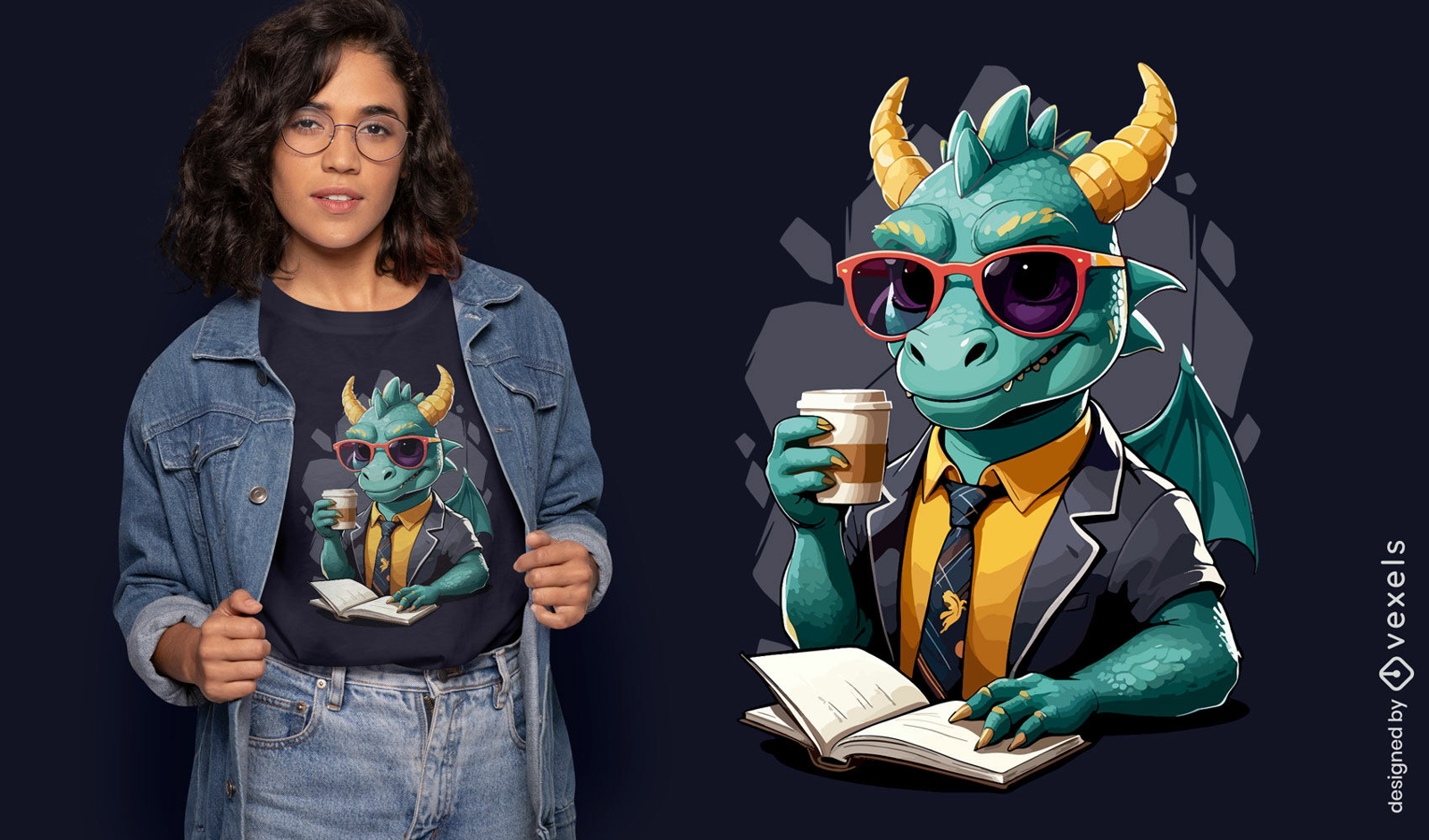 Diseño de camiseta lector dragón bebiendo café.