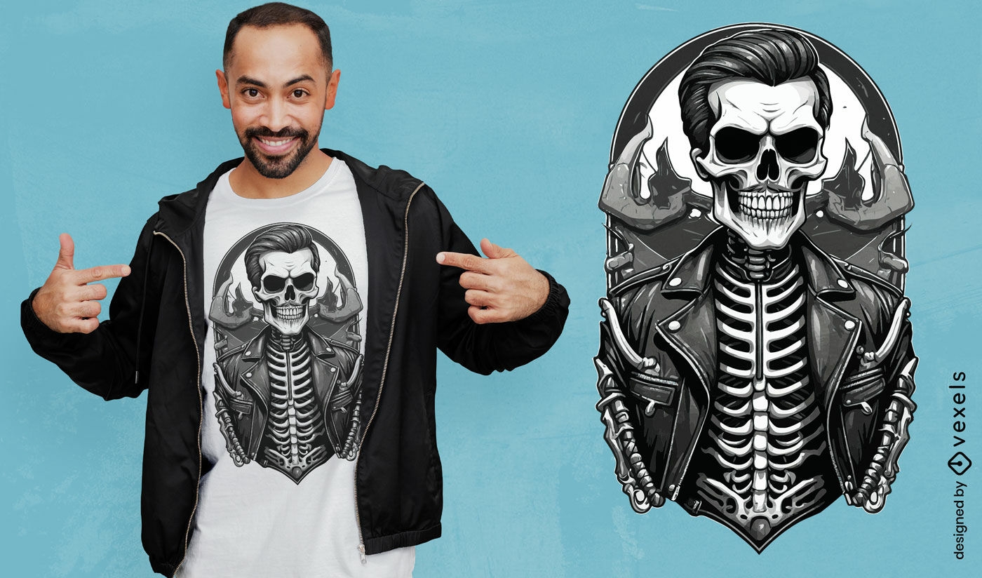 Diseño de camiseta con chaqueta de cuero esqueleto.