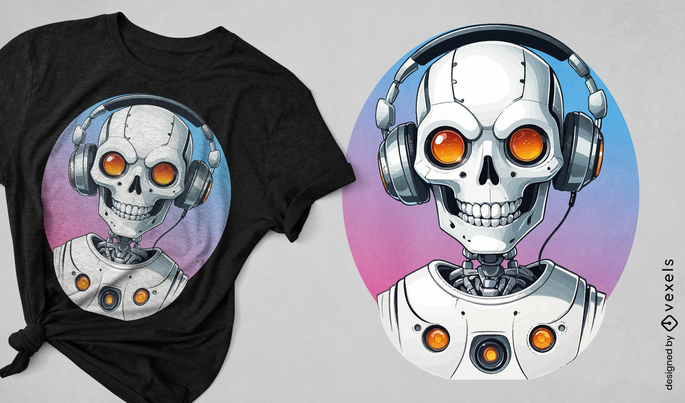 Diseño de camiseta de calavera robot con auriculares.