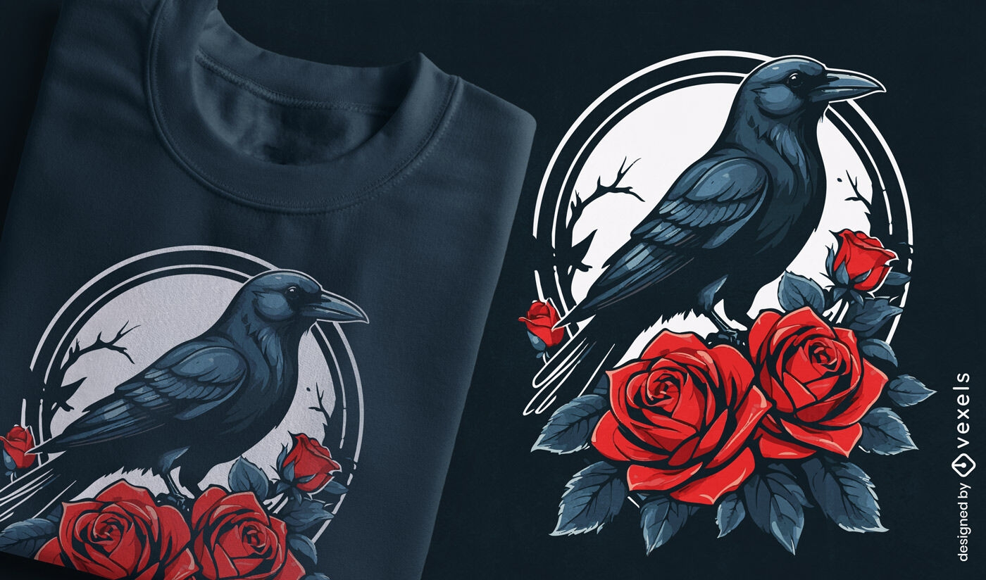 Design enigmático de camiseta com corvo e rosas
