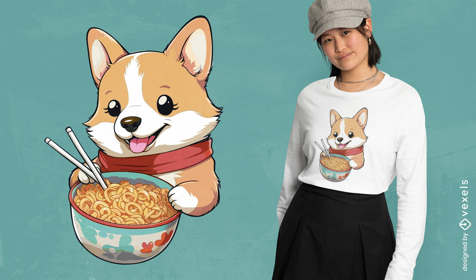 Diseño de camiseta Corgi comiendo fideos ramen.