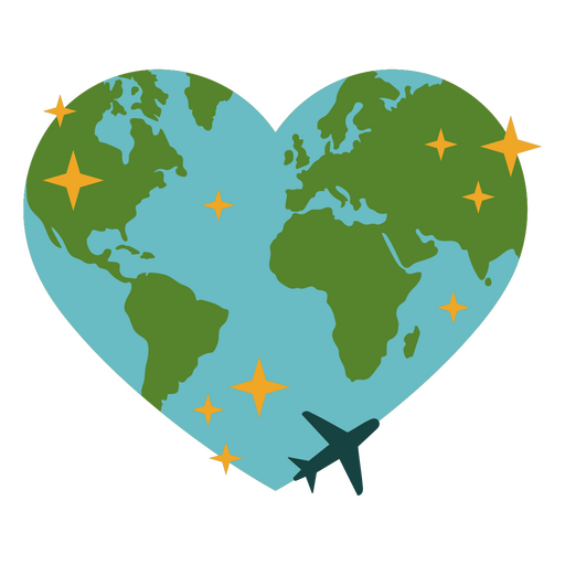 Terra em forma de coração com um avião voando ao seu redor Desenho PNG