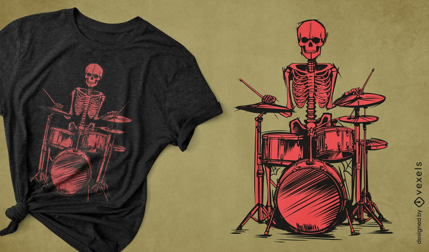 Diseño de camiseta de baterista esqueleto de rock and roll.