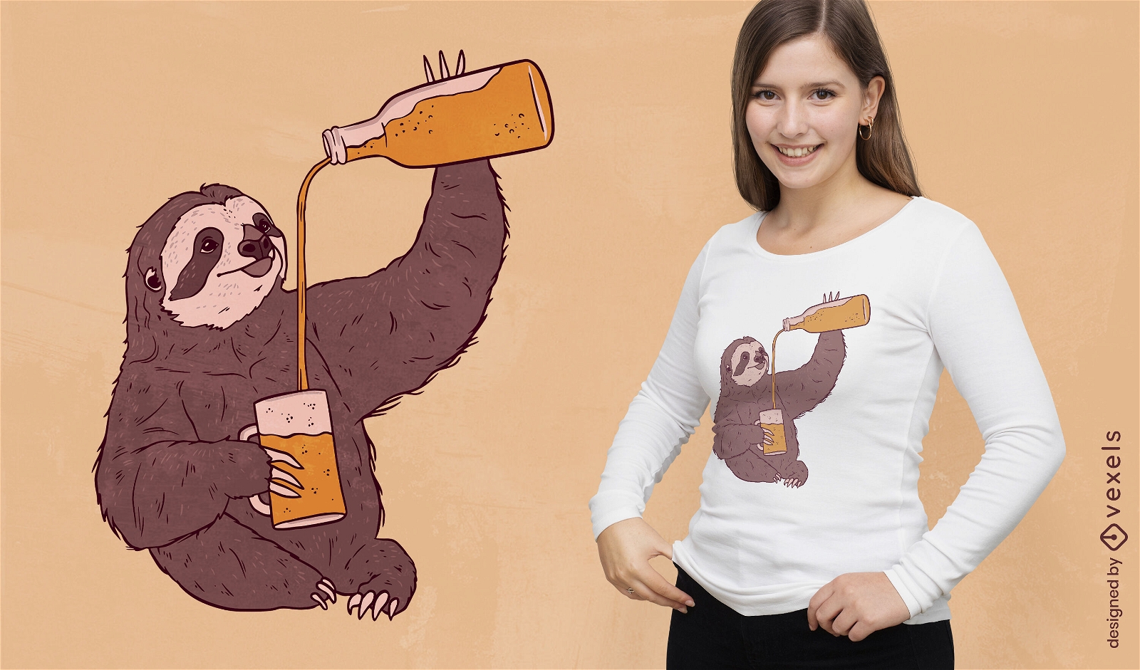 Diseño de camiseta de perezoso con cerveza.