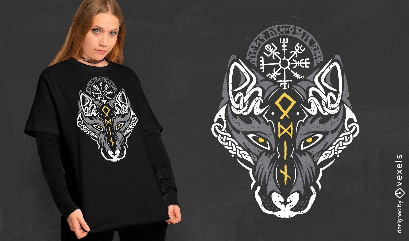 Diseño de camiseta de lobo vikingo nórdico.