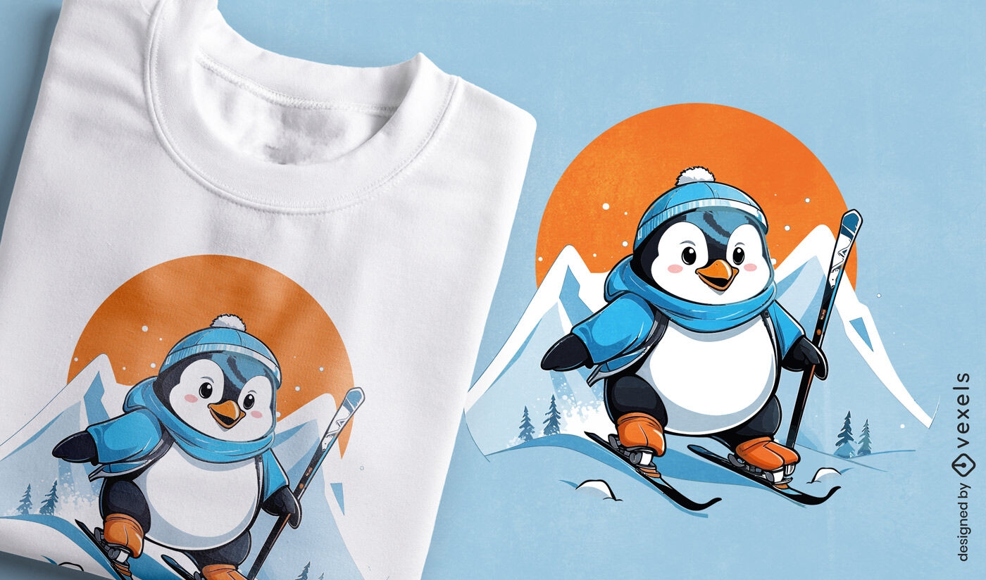 Diseño de camiseta de pingüino esquiando.