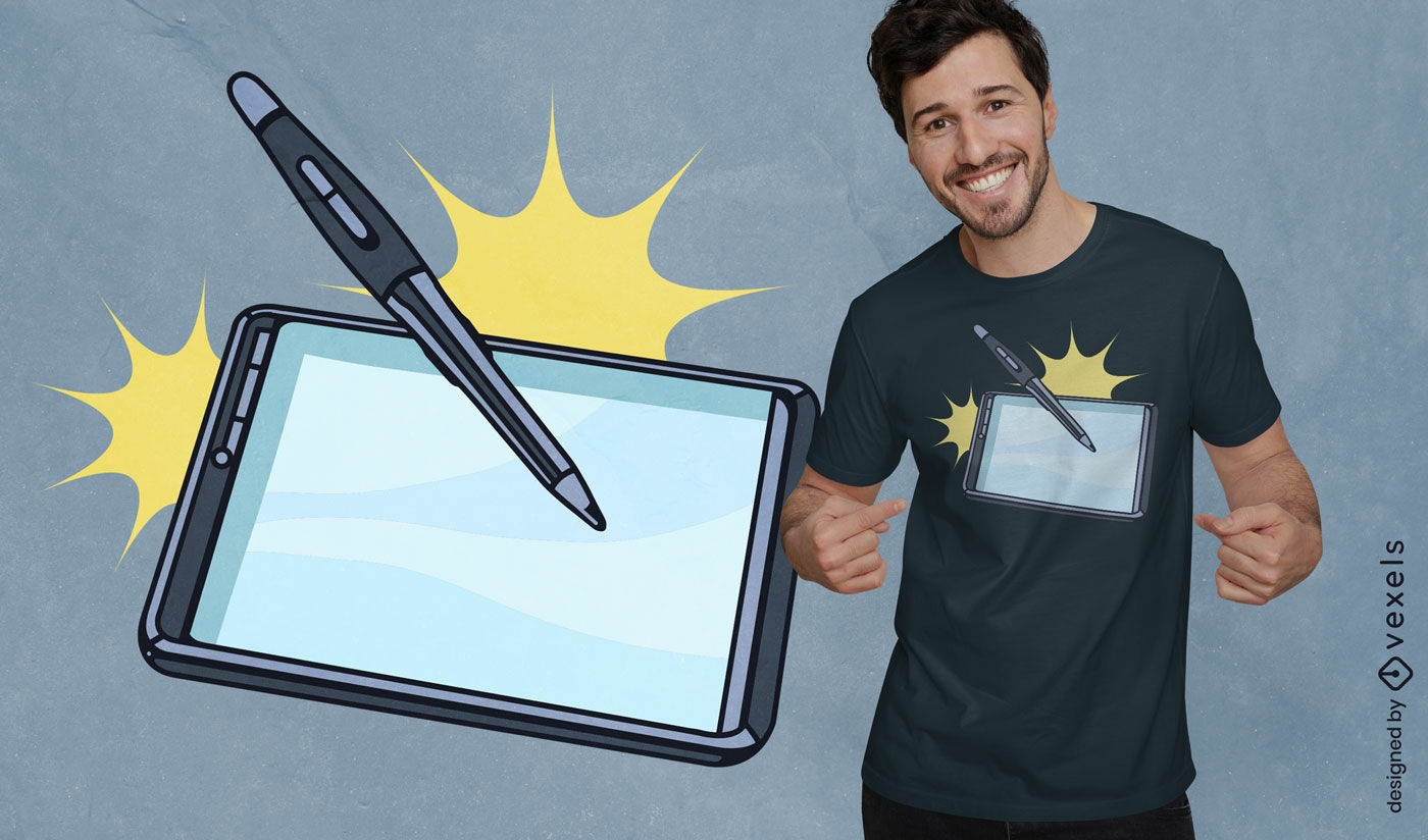 Diseño de camiseta con tableta gráfica y lápiz óptico.