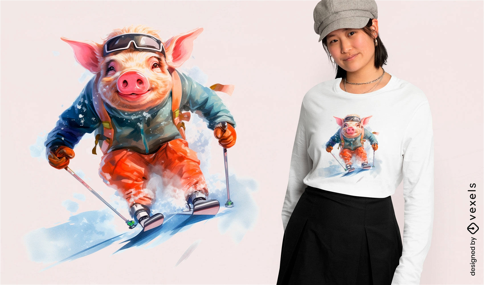 Design de camiseta de porco esquiando em aquarela
