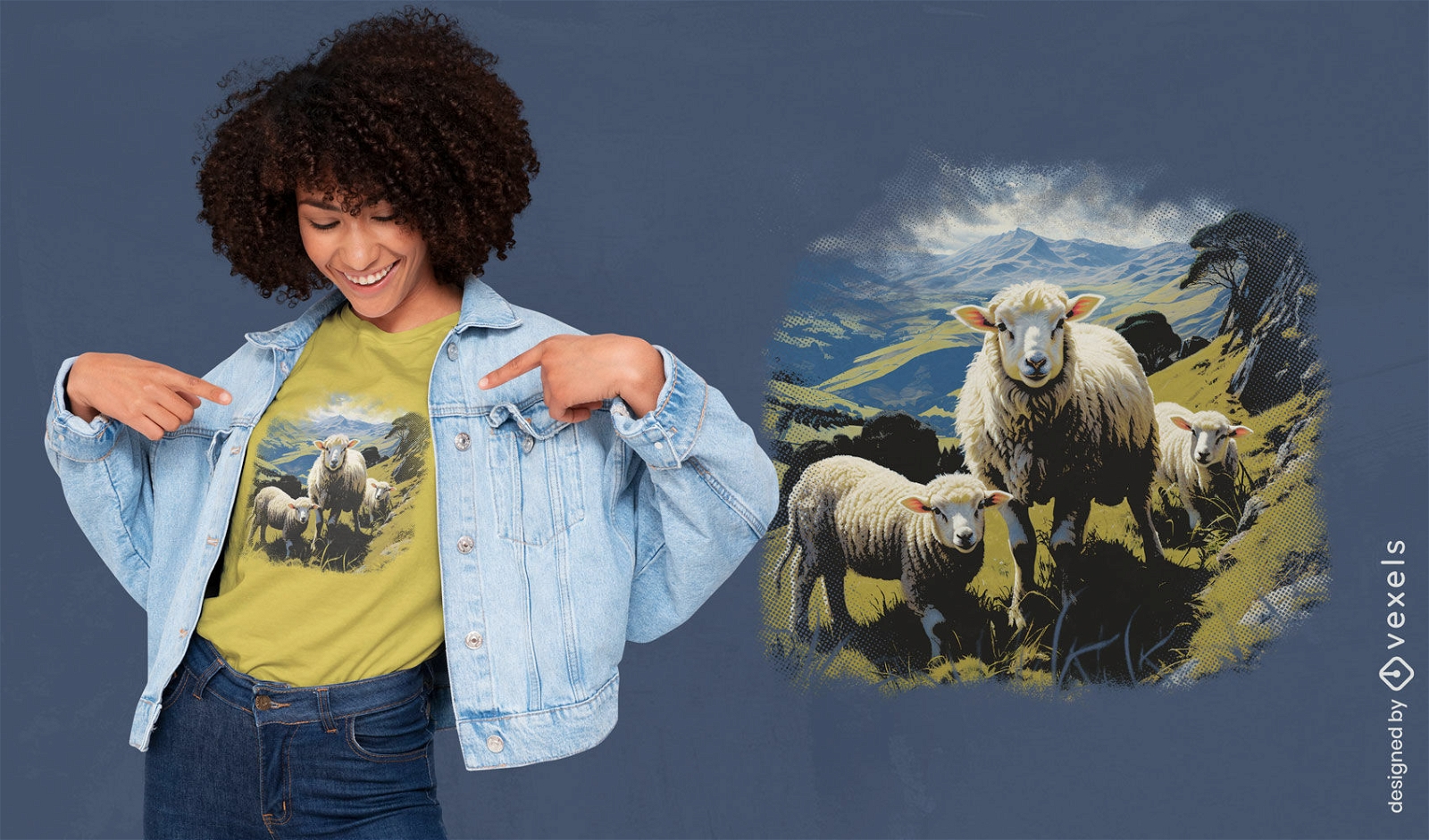 Design de camiseta para ovelhas e cordeiros na encosta