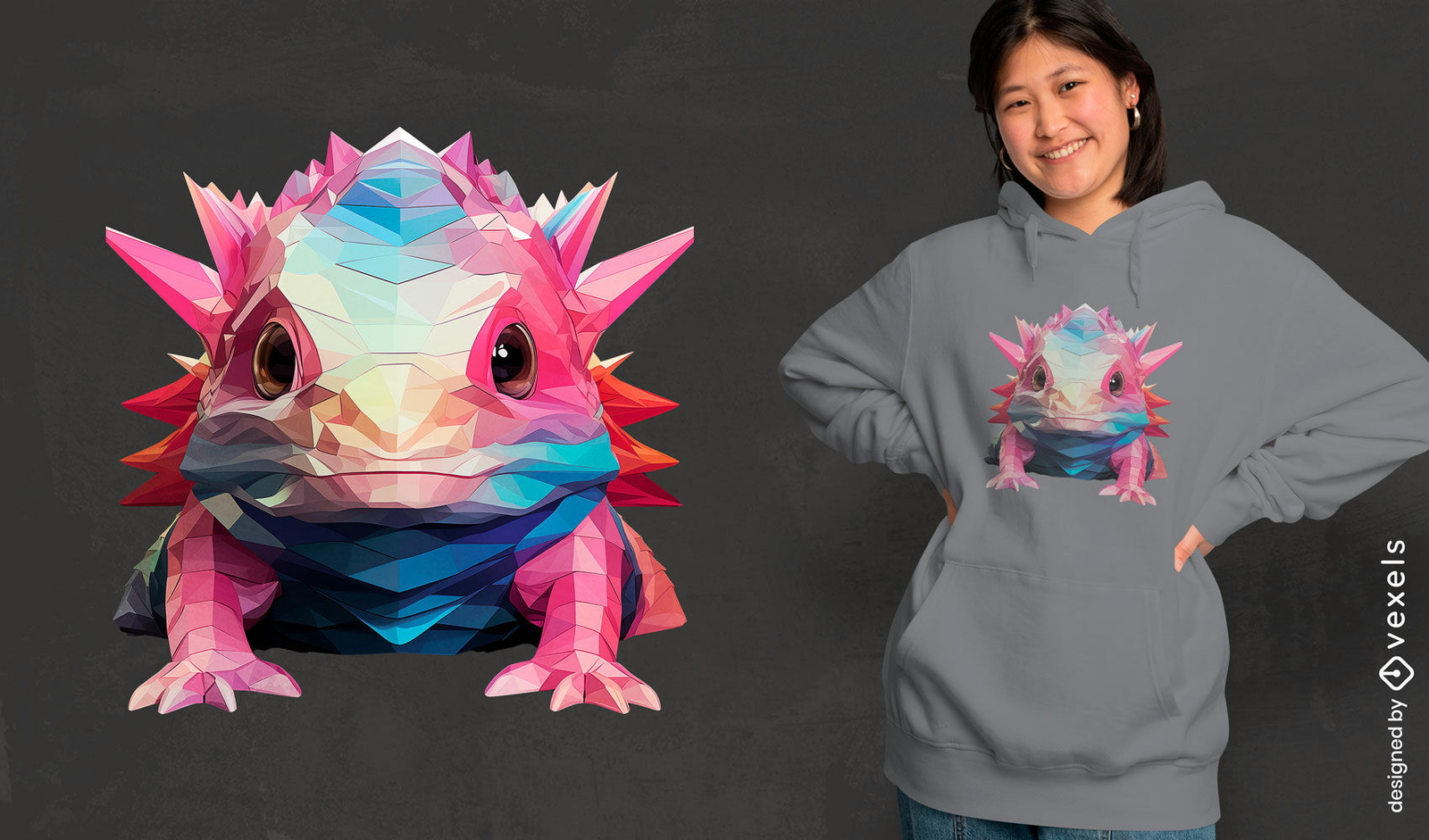 Diseño de camiseta axolotl de baja poli.