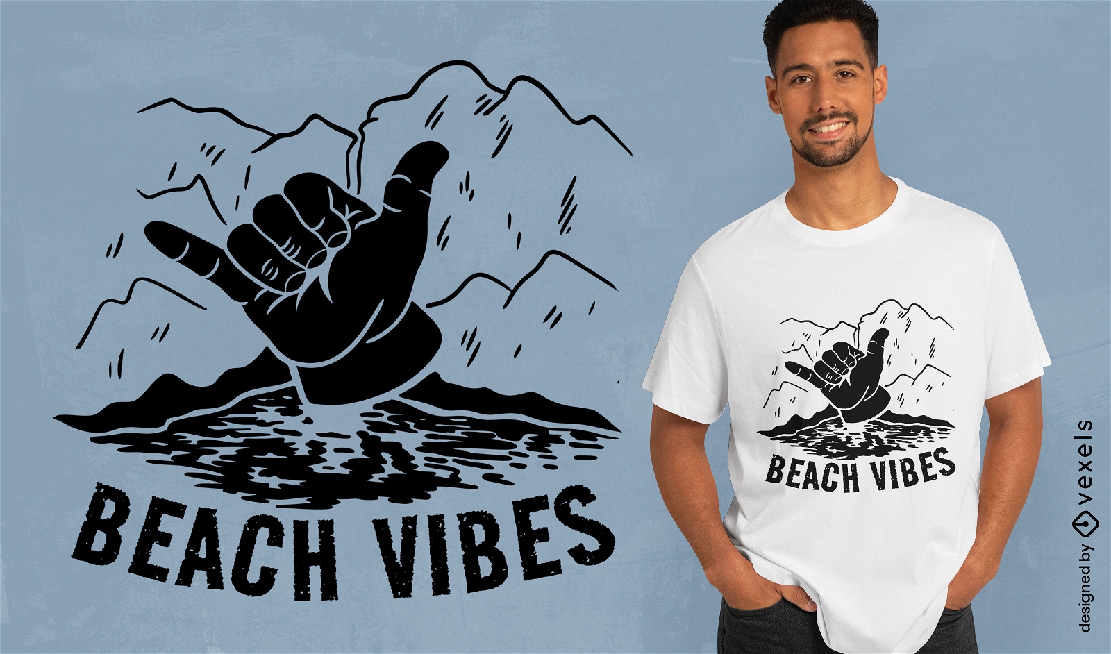 Diseño de camiseta de mano shaka de vibraciones de playa.