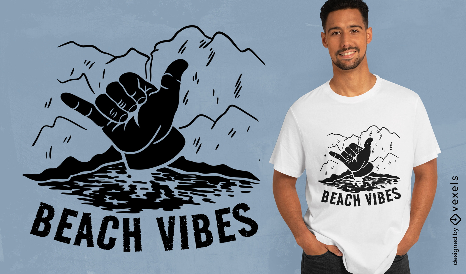 Diseño de camiseta de mano shaka de vibraciones de playa.