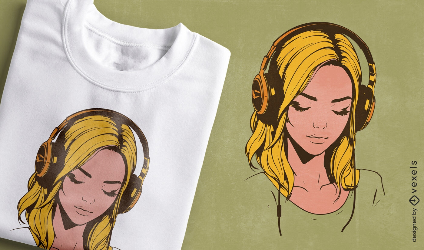 Garota relaxada com design de camiseta com ilustra??o de fones de ouvido