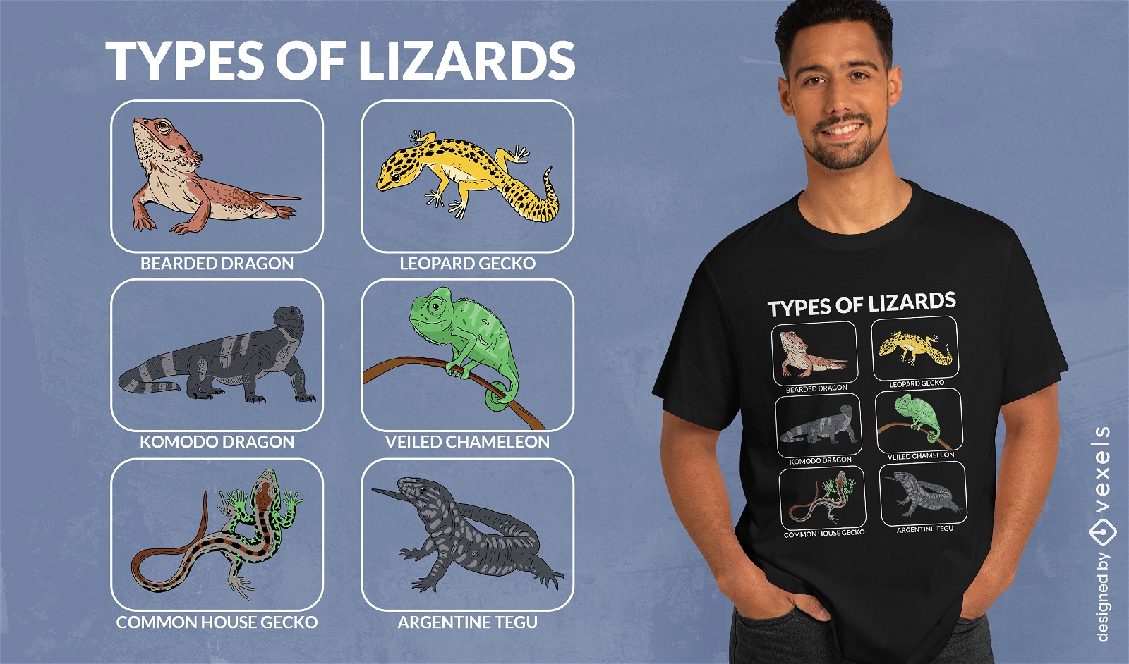 Tipos de design de camisetas educacionais de lagartos