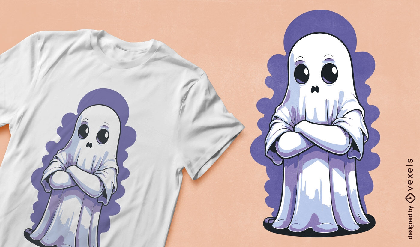 Diseño de camiseta de personaje fantasma con brazos cruzados.