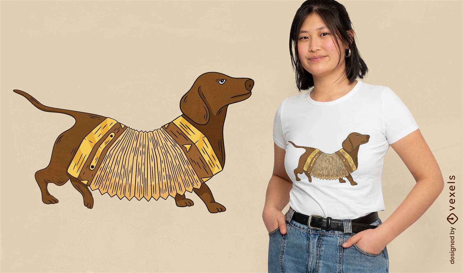 Diseño de camiseta de acordeón de perro salchicha.