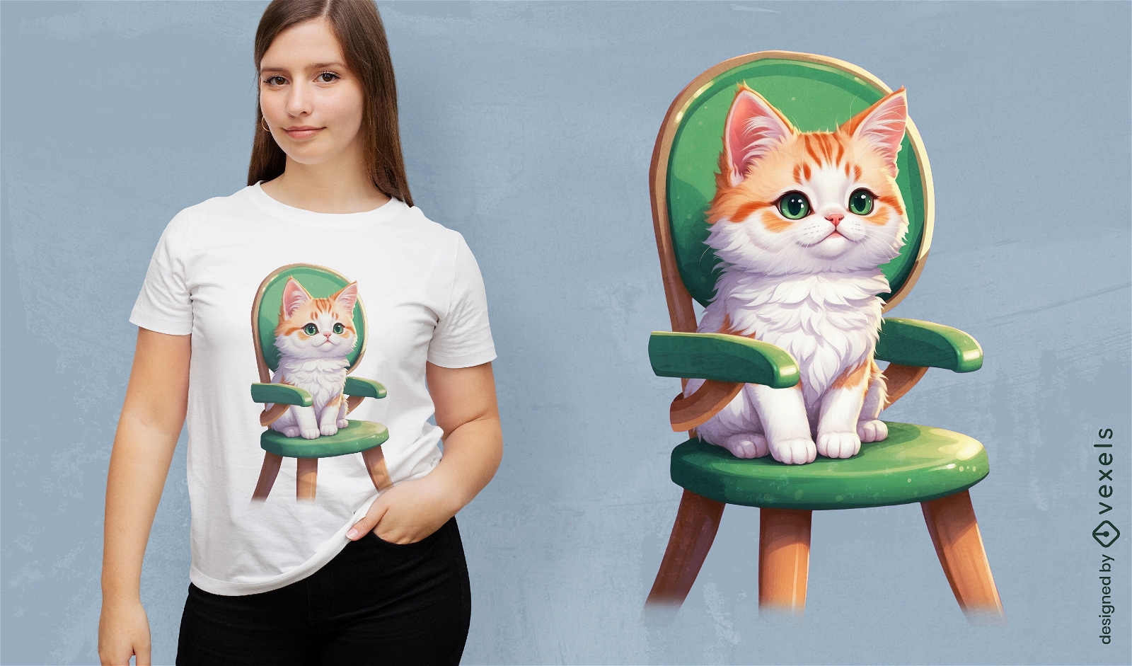 Diseño de camiseta con ilustración de gatito en silla.