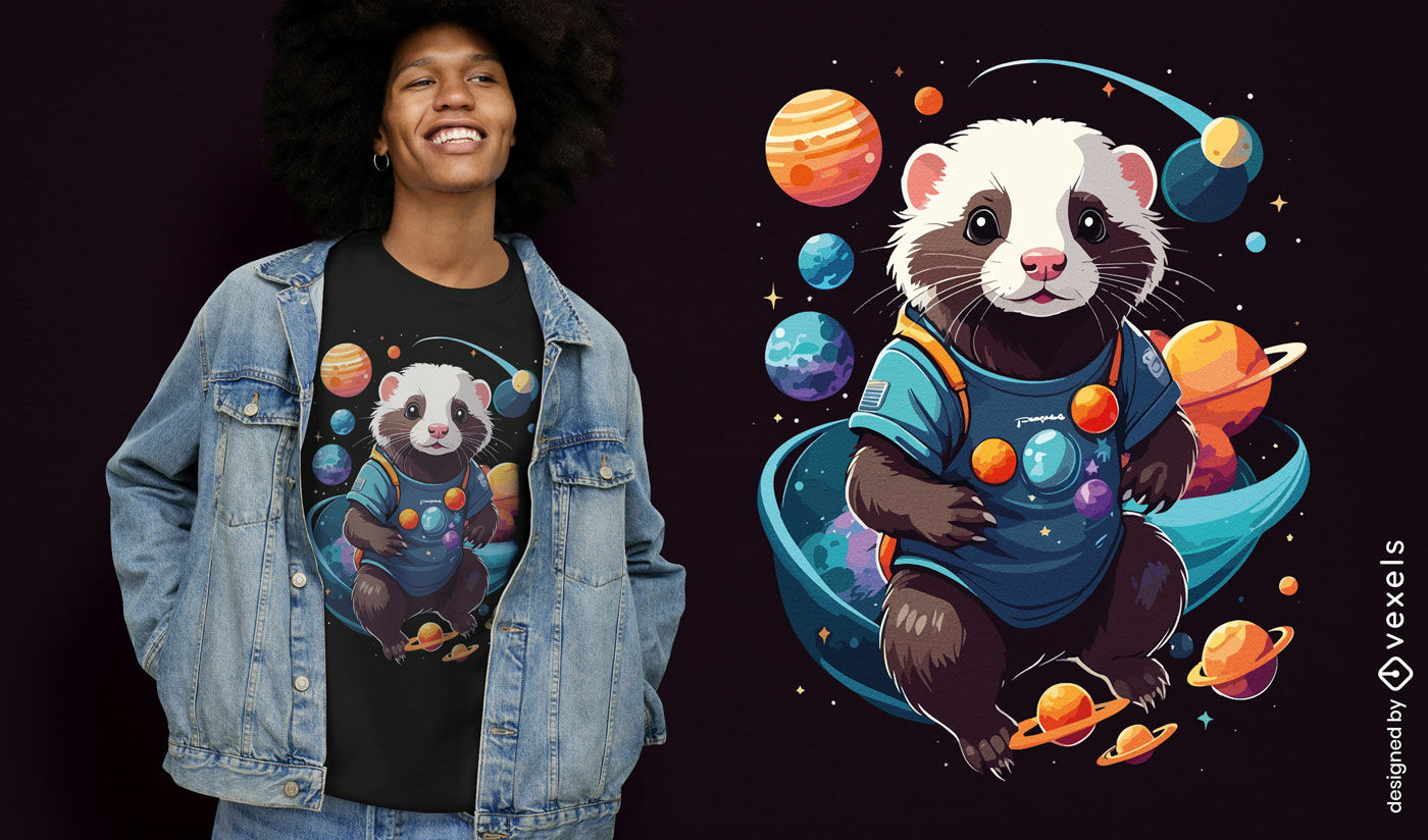 Design de camiseta furão astronauta no espaço