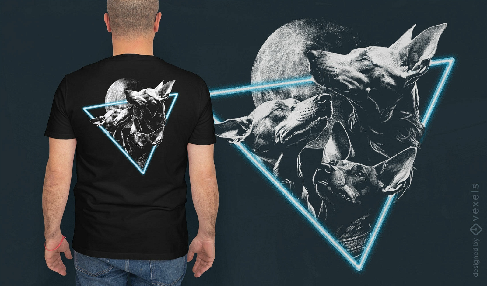 Diseño de camiseta con gráfico de perros y luna.