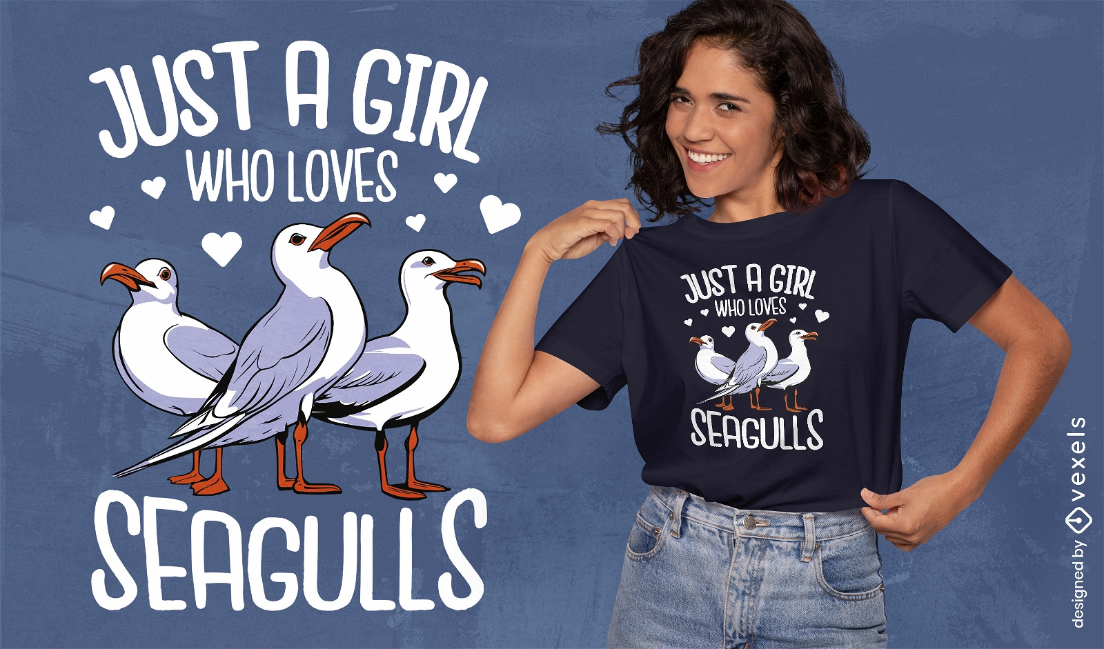 A la chica le encanta el diseño de camiseta de las gaviotas.