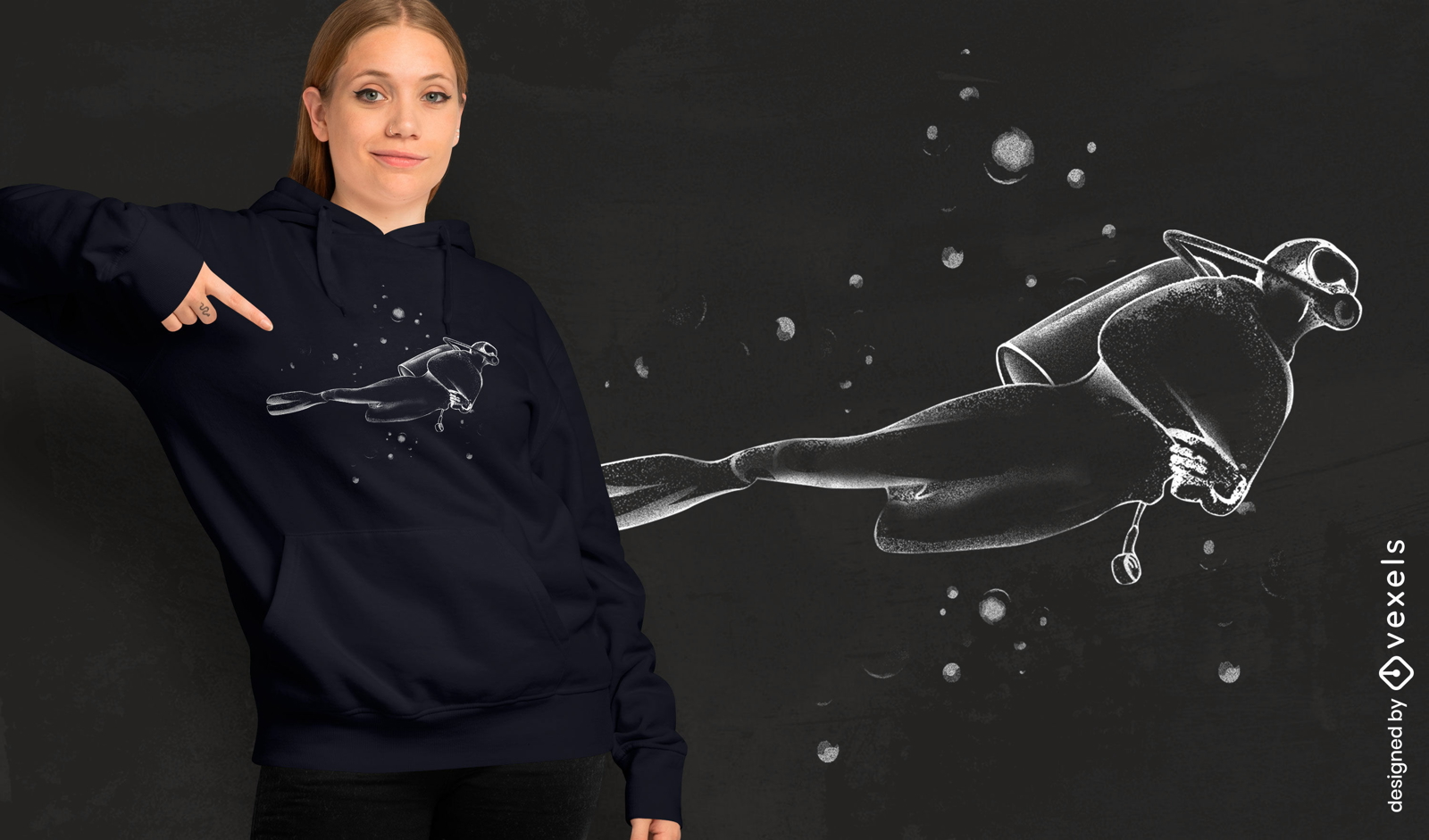 Mergulhador monocromático com design de camiseta com bolhas