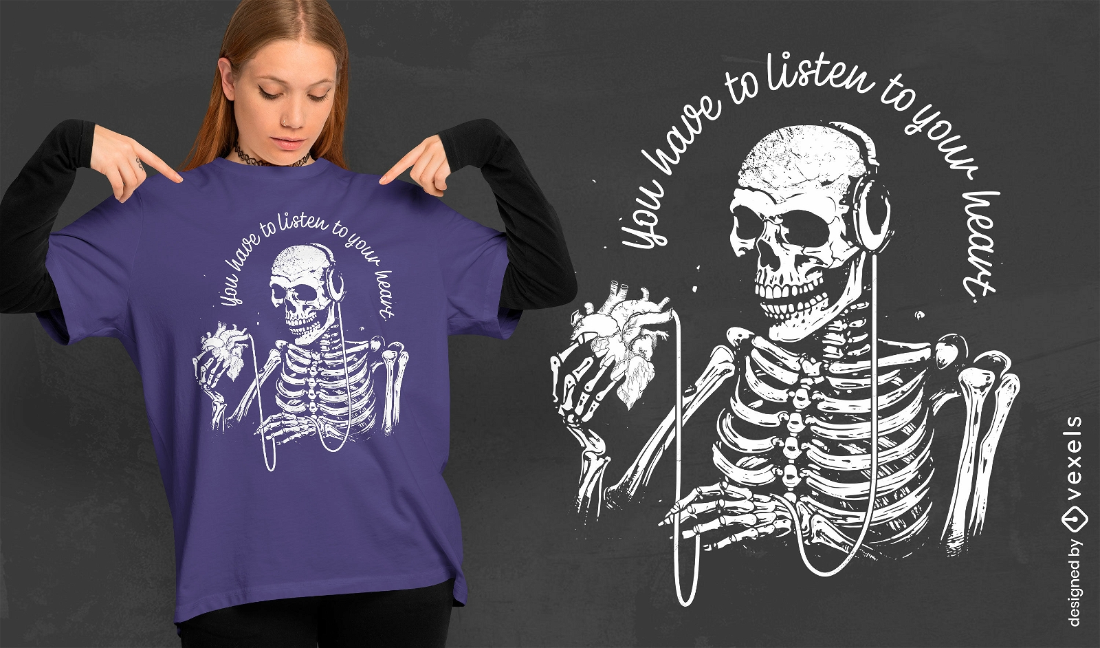 Esqueleto escuchando diseño de camiseta de corazón.