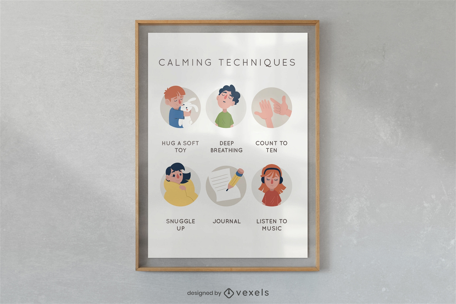 Diseño de carteles ilustrados de técnicas calmantes.
