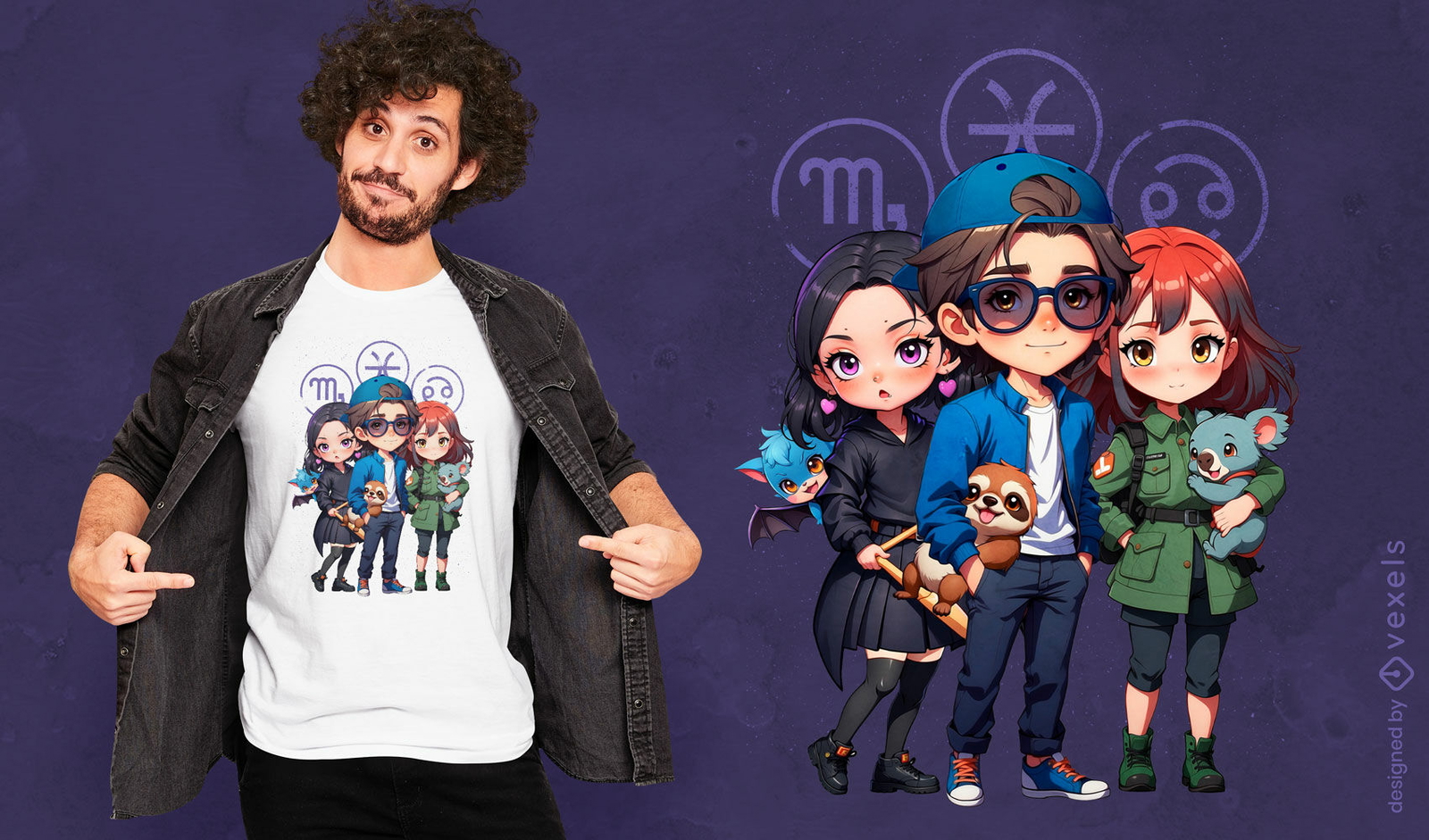 Diseño de camiseta de personajes de grupo anime.