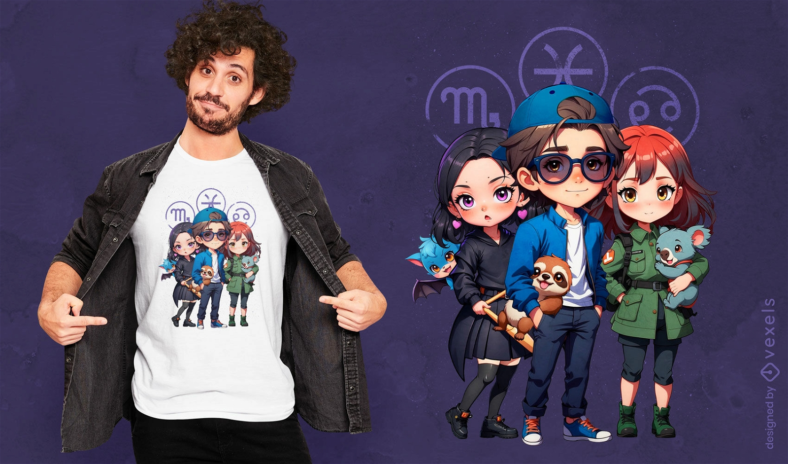 T-Shirt-Design mit Anime-Gruppencharakteren