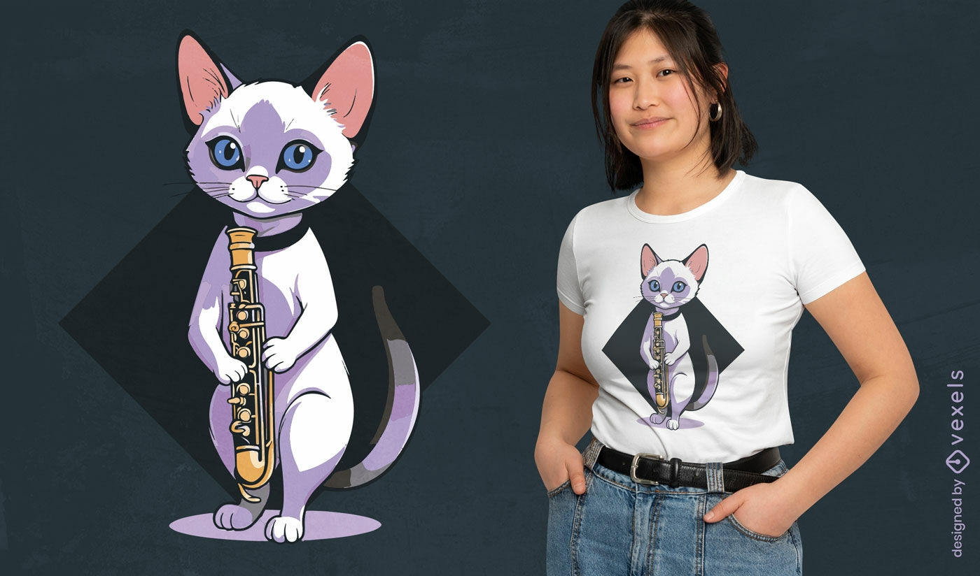 Diseño de camiseta de gato con saxofón.