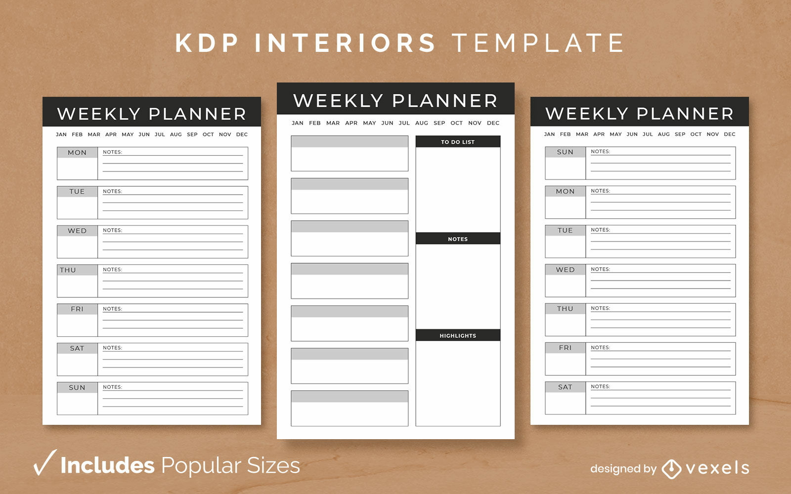 Diseño de plantilla interior KDP de planificador semanal sin fecha