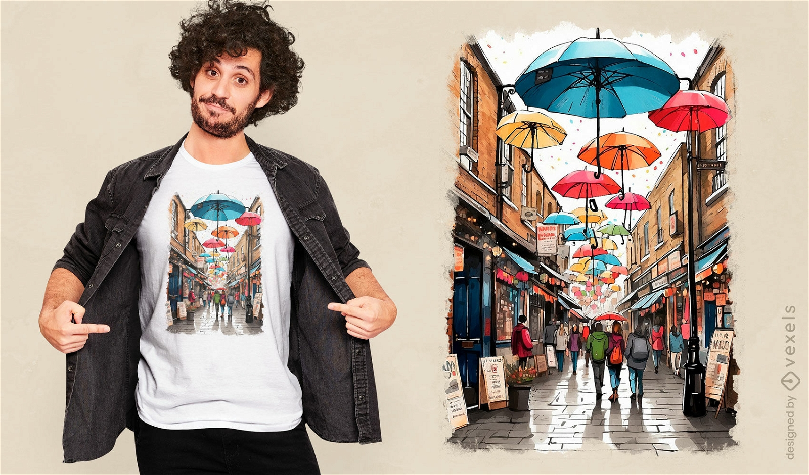 T-Shirt-Design mit Regenschirm-Straßenszene