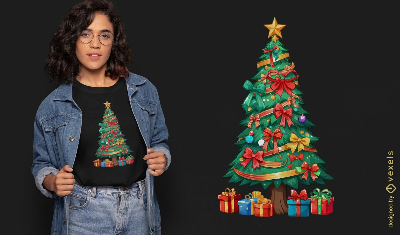 Árbol de Navidad festivo con diseño de camiseta de regalos.