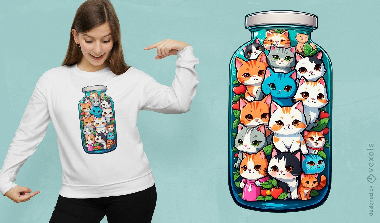 Diseño de camiseta de gatos en una botella.