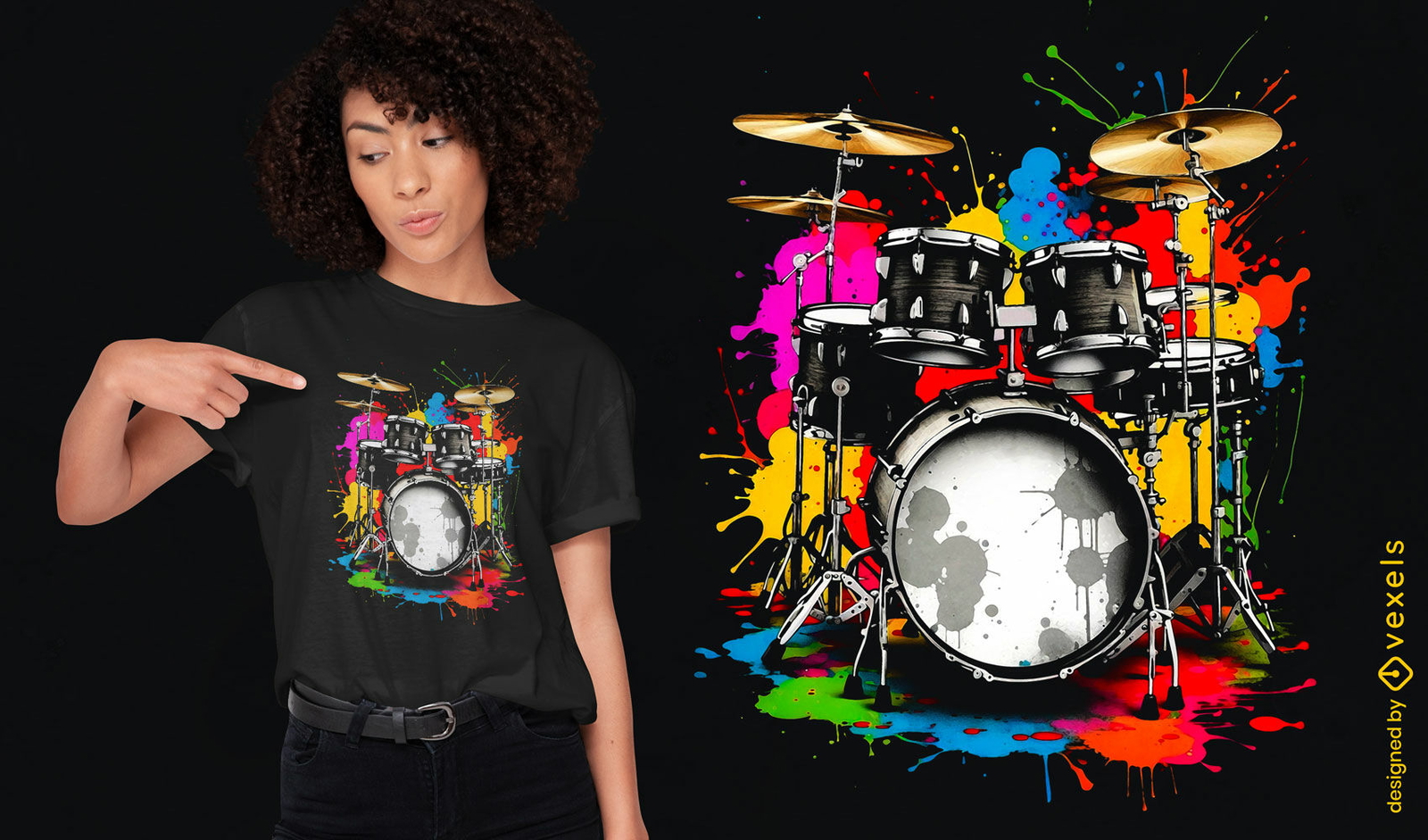 Diseño de camiseta colorida con conjunto de baterista.