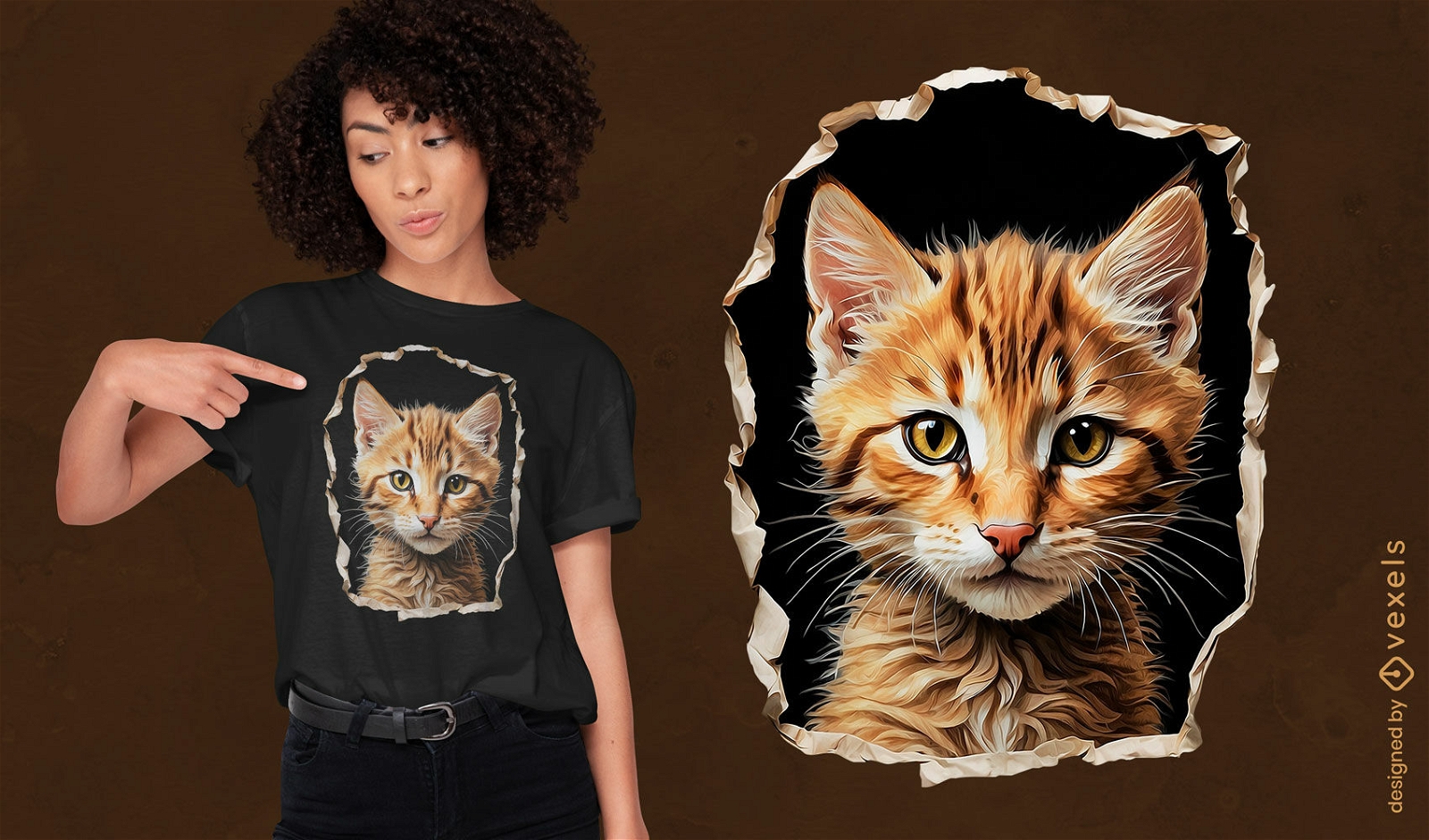 Diseño de camiseta de gatito mirando realista.